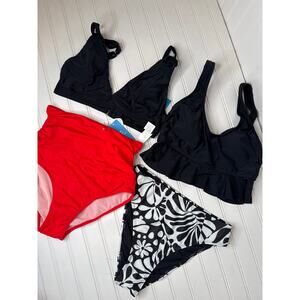 NWT Cupshe Two Peace Swimsuit Bikini Red & Black High Waisted Cheeky BUNDLE M